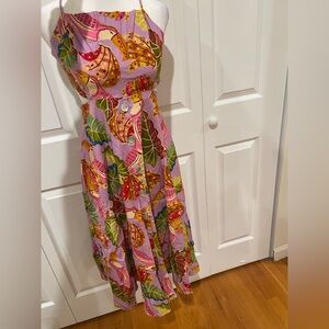 FARM Rio Asymmetrical Dress with Leaf Print in Pink and Green